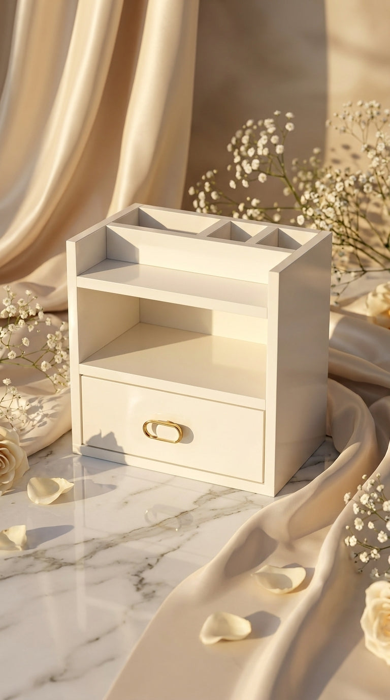 **منظم المكياج الفاخر | تصميم عصري بمقبض ذهبي **